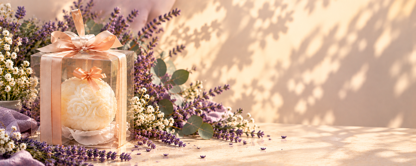 Candela floreale confezionata tra lavanda e fiori